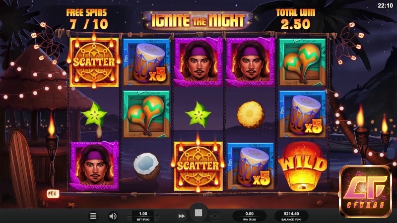 Giao diện chính của slot game Ignite The Night với các biểu tượng đặc trưng khác nhau