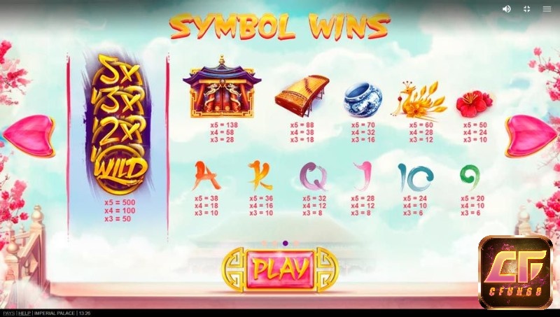 Các biểu tượng chính của trò chơi Imperial Palace Jackpot slot là cung điện, đàn, phượng hoàng, hoa sen